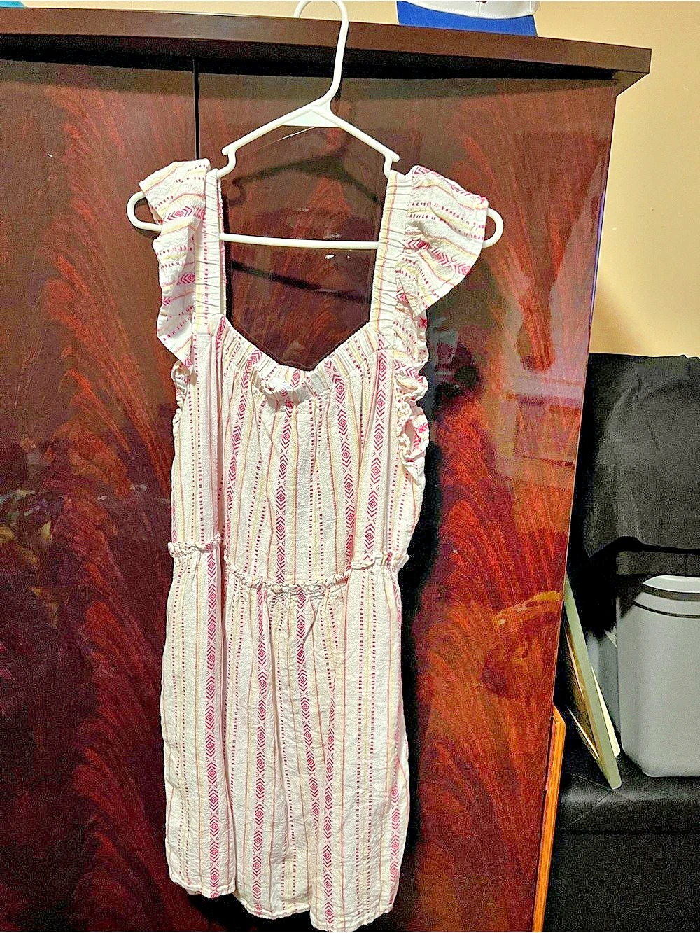 Striped Ruffle Mini Dress in White & Pink Like New